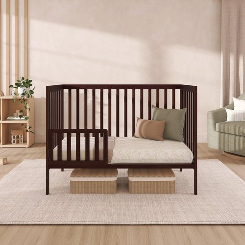 Dream On Me Synergy 5-in-1 Convertible Full-Size Baby Crib with Toddler, Day & Full Bed Conversion in Espresso, GreenGuard Gold & BSA, 3 Mattress Heights, Sustainable Pinewood