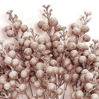 Rose Gold 16-Piece Glitter Berry Stems 8-Inch Frosted Christmas Picks for Wreaths, Ornaments & Decor - Variation Rose Gold