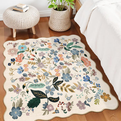 Skiennix Washable 4x4 Square Area Rug - Floral Scalloped Soft Non-Slip Mat for Living Room & Nursery (Cream)