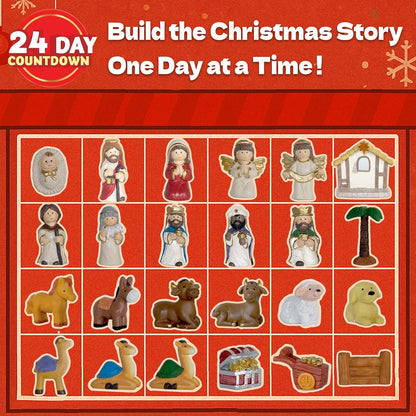 Nativity Advent Calendar 2025 - Light-Up 24-Day Nativity Scene Set with Resin Figures for Kids