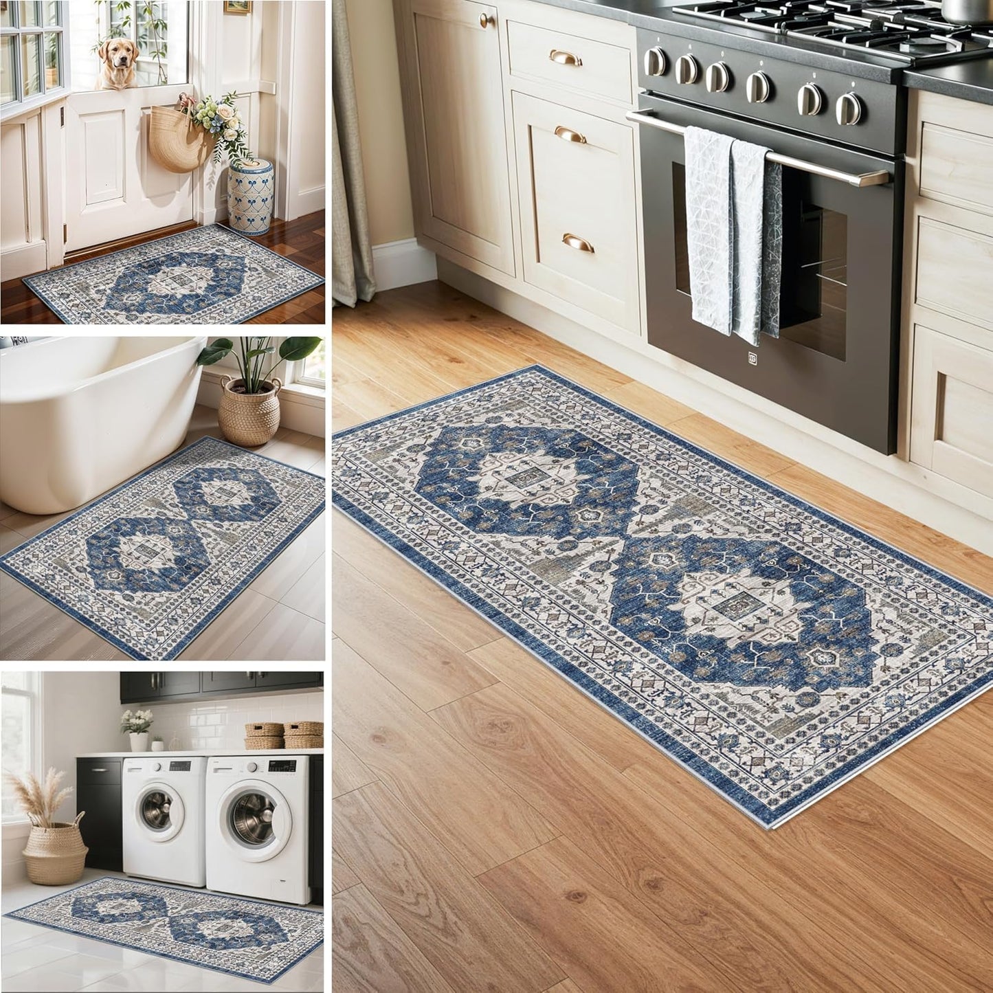 Skiennix Washable Kitchen Floor Mats - Non-Slip Water-Resistant Rugs for Easy Cleaning | 4-Piece Set in Blue