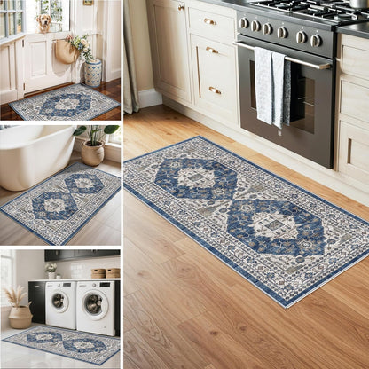 Skiennix Washable Kitchen Floor Mats - Non-Slip Water-Resistant Rugs for Easy Cleaning | 4-Piece Set in Blue
