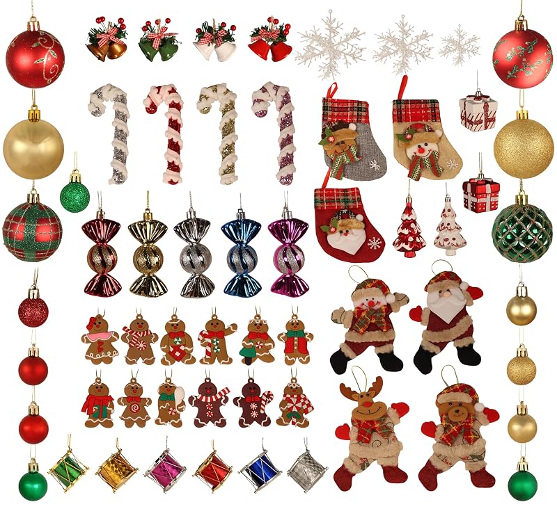 93-Count Christmas Ornament Set - Shatterproof Baubles, Gingerbread Men, Santa Reindeer