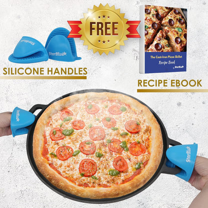 StarBlue 16-Inch Cast Iron Pizza Pan - Pre-Seasoned Griddle with Free Silicone Handles & Recipe Ebook | Ideal for Baking & BBQ