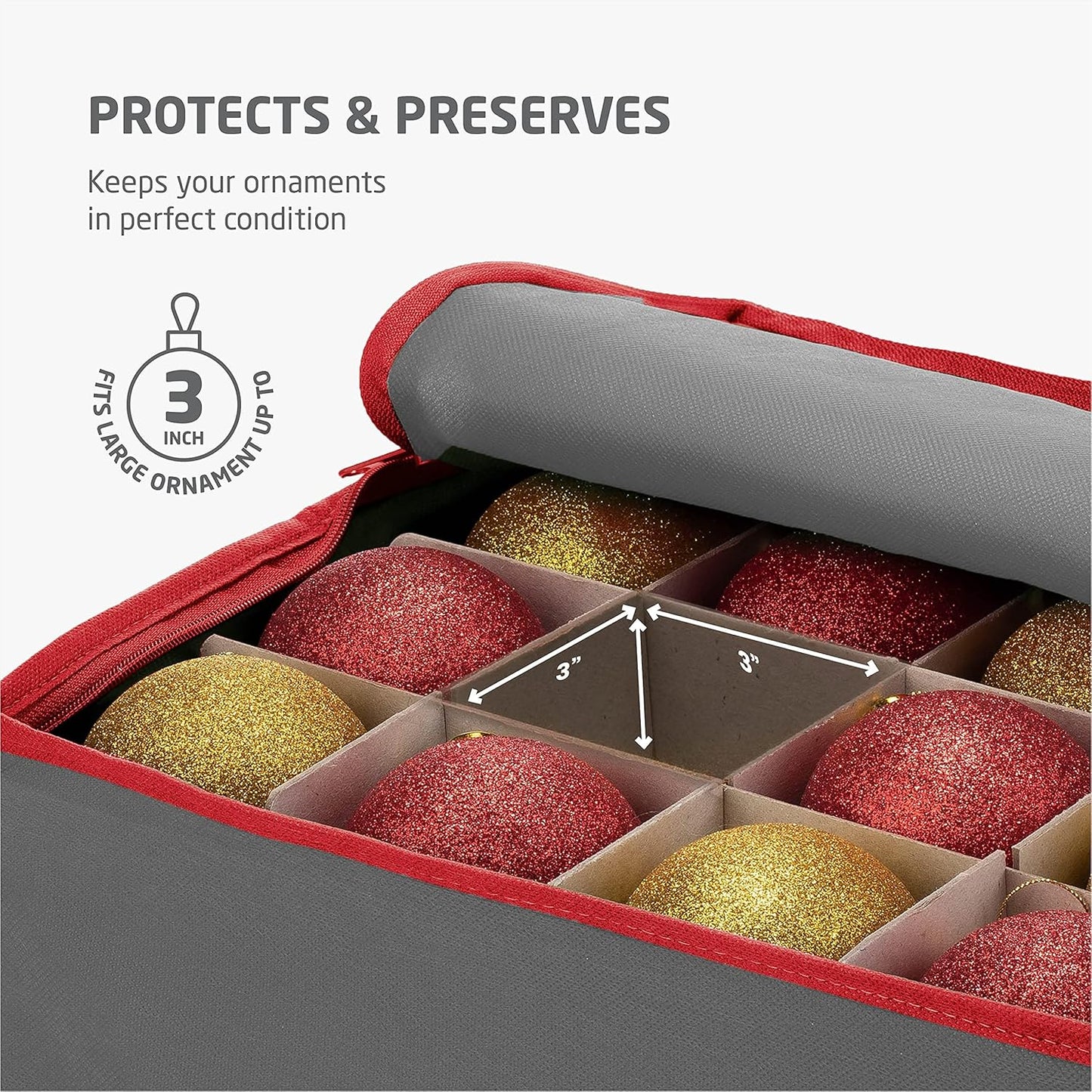 ZOBER Christmas Ornament Storage Box - Durable Organizer for 64 3" Ornaments - Gray with Dividers