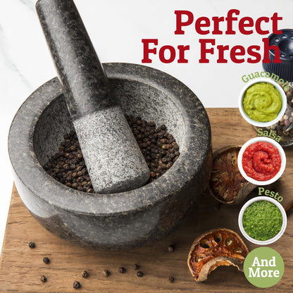 Heavy Duty Large Mortar and Pestle Set,100% Granite, Non Slip Base, Make Fresh Guacamole, Salsa, Pesto, Stone Grinder Bowl, Herb Crusher, Spice Grinder, 4 Cup, Black