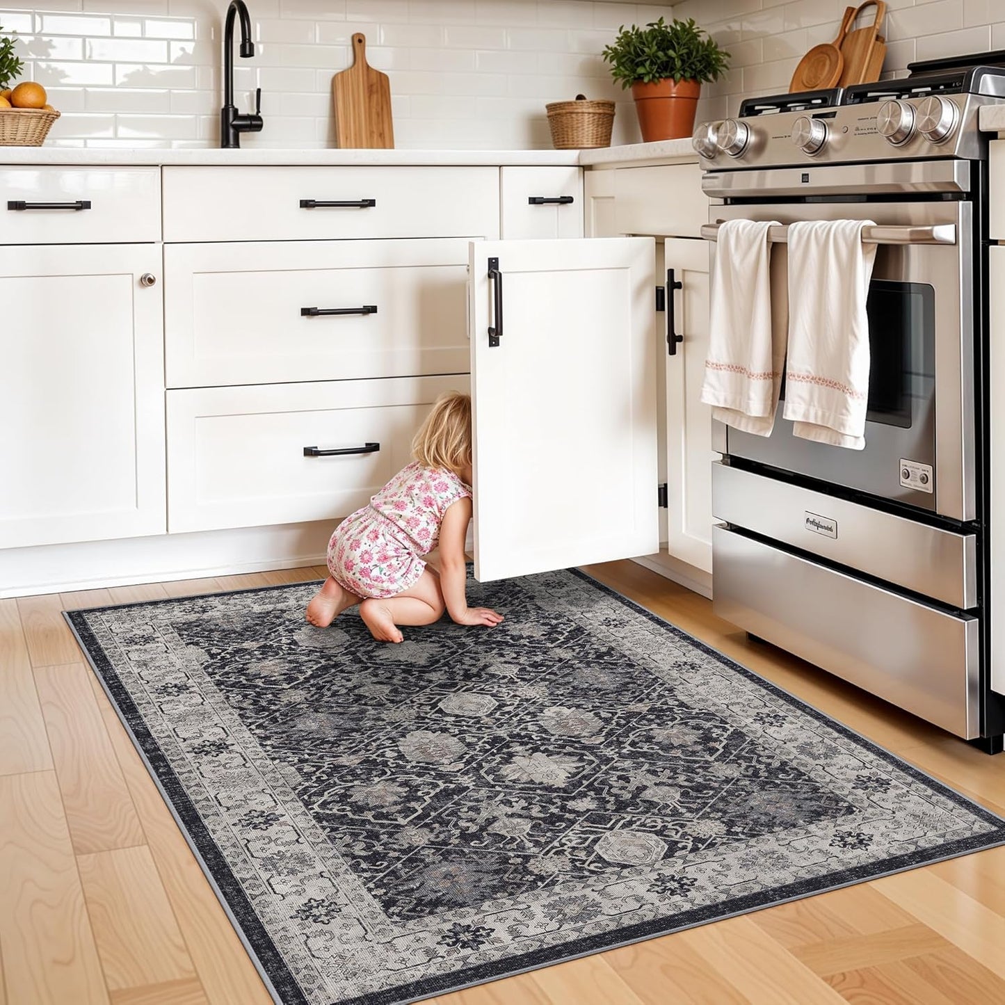 Skiennix Washable 3x4 Entryway Area Rug - Ultra Soft, Anti-Slip Low Pile Carpet for Indoor Use | Black