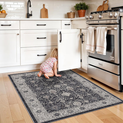 Skiennix Washable 3x4 Entryway Area Rug - Ultra Soft, Anti-Slip Low Pile Carpet for Indoor Use | Black