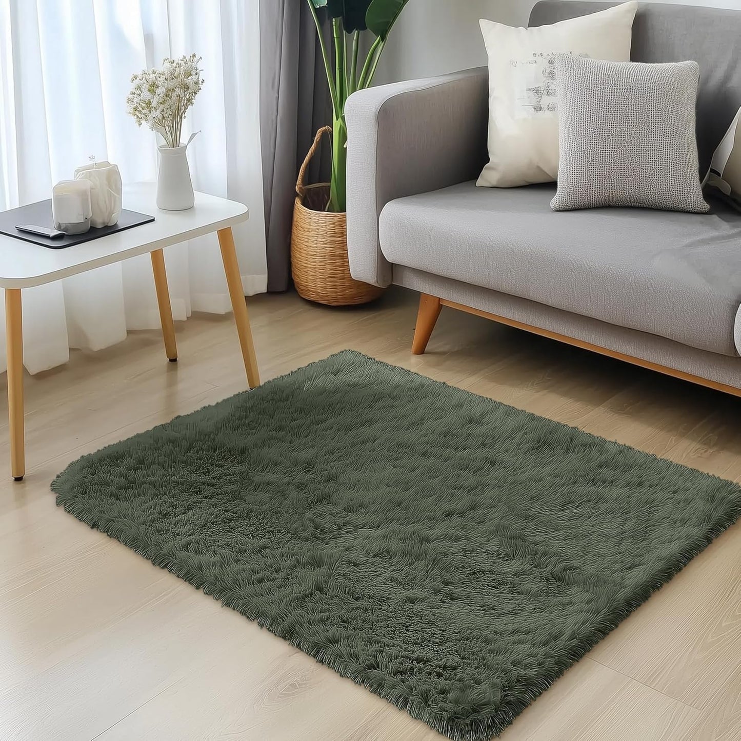 OLANLY Soft Fluffy Shaggy Bedside Rug - 2x3 Machine Washable Indoor Carpet in Olive Green