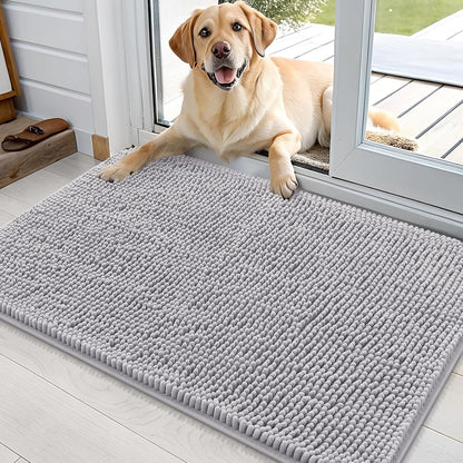 OLANLY Dog Door Mat - Absorbent Non-Slip Washable Chenille Mat for Muddy Paws | 36x24 Light Grey