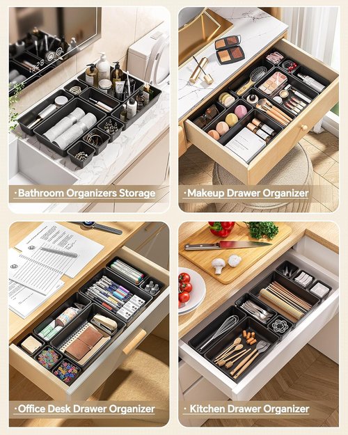 KEMETHY 25 PCS Plastic Drawer Organizers Set - Versatile Makeup & Desk Storage Trays | Black
