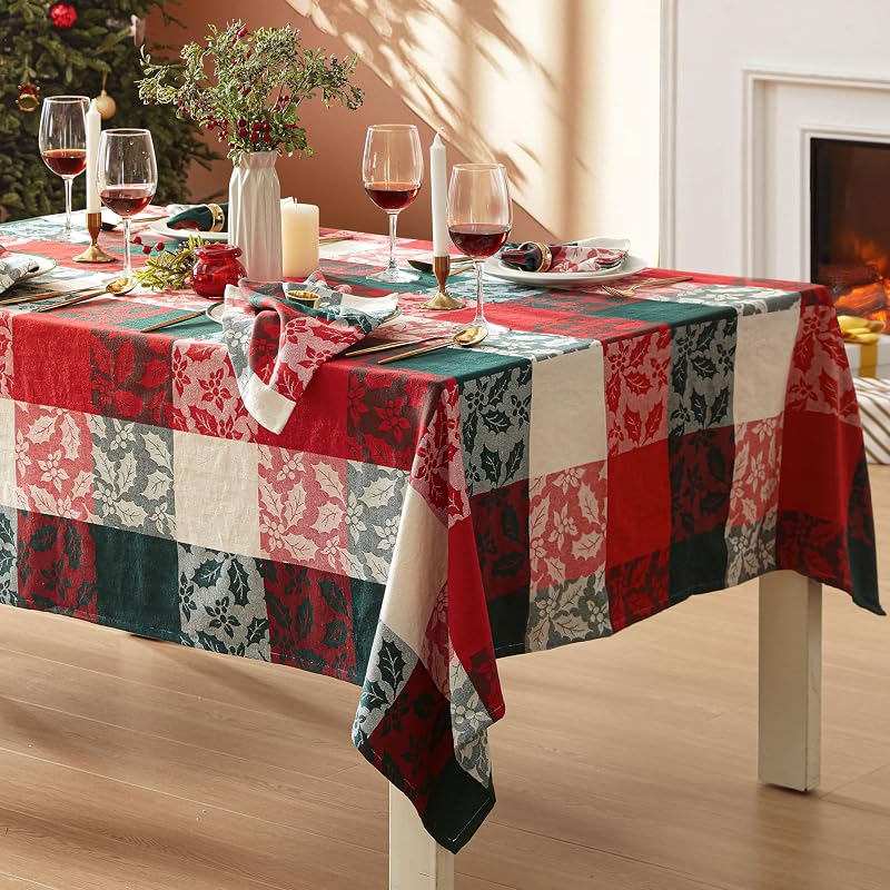 Newbridge Holiday Holly Check 60x102 Inch Rectangle Tablecloth - Cotton-Rich Christmas Nativity