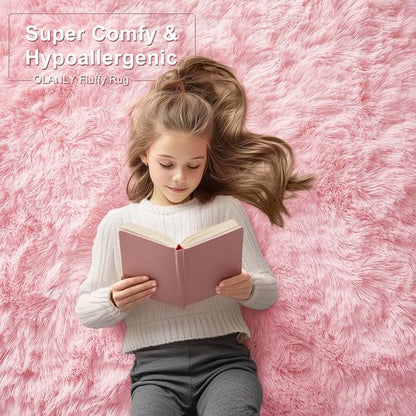 OLANLY 6x9 Machine Washable Large Area Rugs for Living Room, Bedroom, Soft Fluffy Shaggy Bedside Rug, Indoor Floor Carpet for Kids Girls and Boys, Dorms, Nursery, Home Decor Aesthetic, Pink