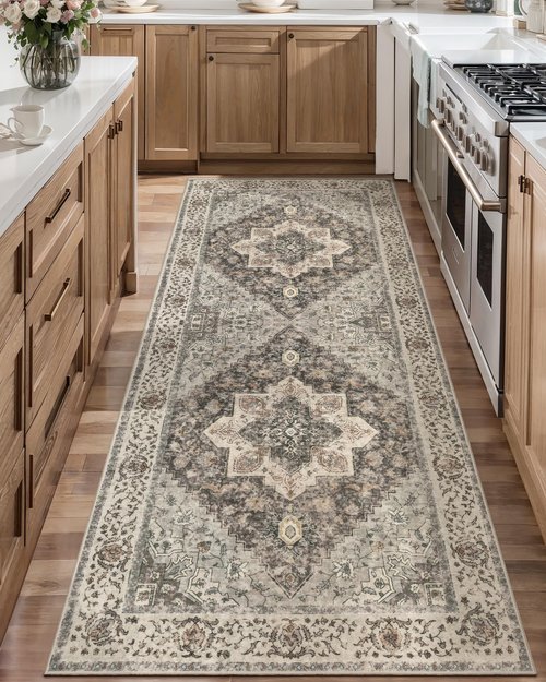 Tangsoo 2x6 Washable Runner Rug for Hallways, Non Slip Vintage Runner, Farmhous Soft Low Pile Long Rug Runner, Print Distressed Grey Carpet Runners for Kitchen Bedroom Entryway Bathroom Living Room