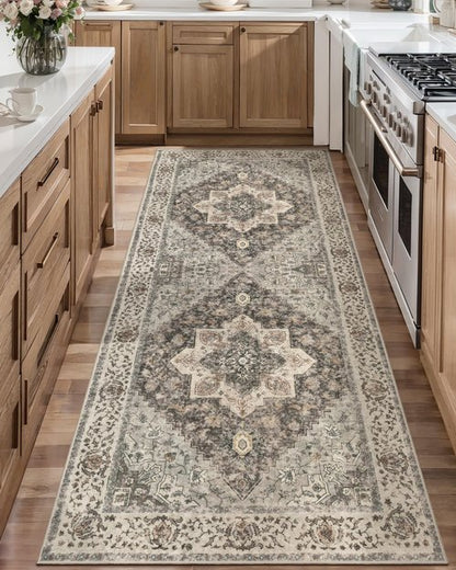 Tangsoo 2x6 Washable Runner Rug for Hallways, Non Slip Vintage Runner, Farmhous Soft Low Pile Long Rug Runner, Print Distressed Grey Carpet Runners for Kitchen Bedroom Entryway Bathroom Living Room
