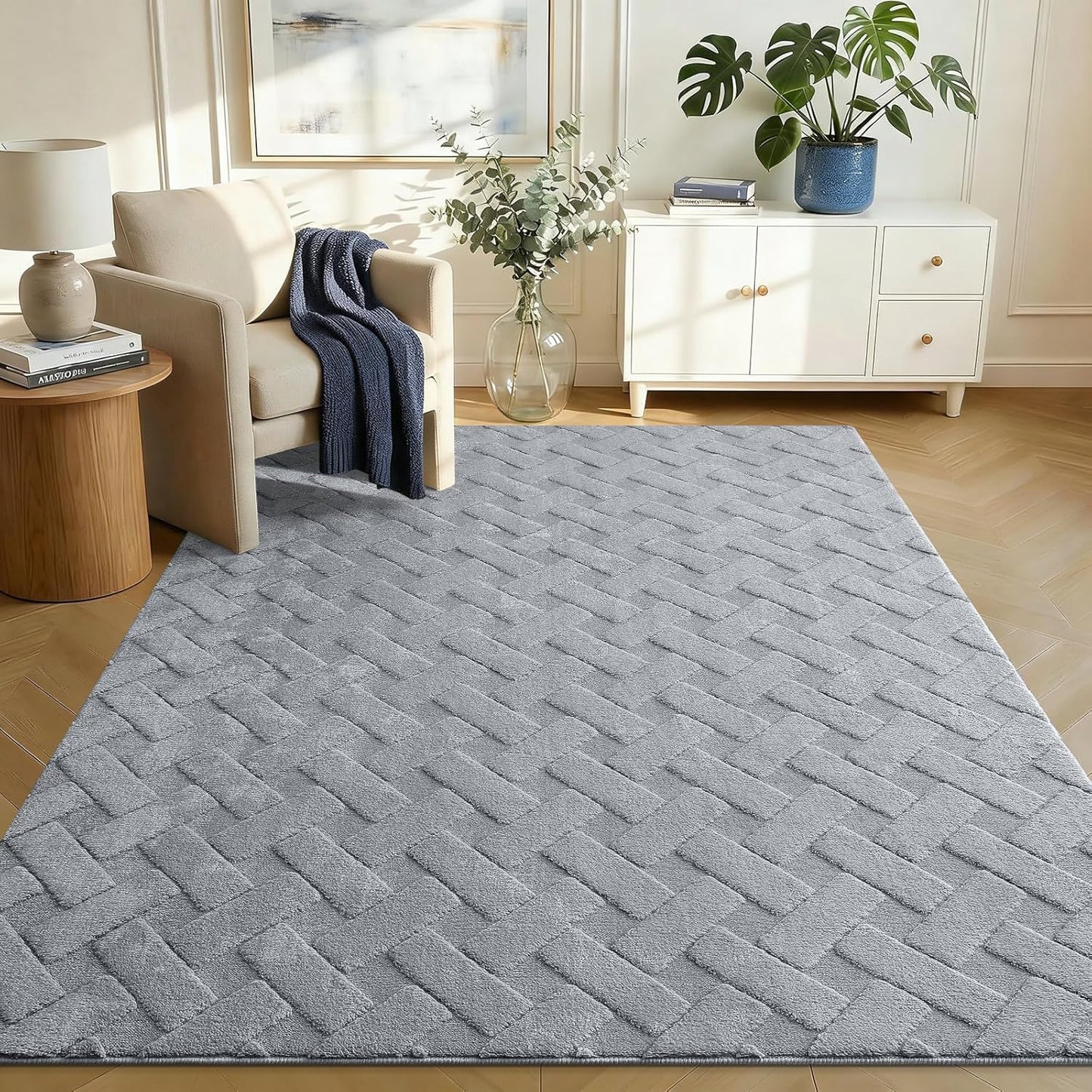OLANLY Area Rug - Soft Plush Geometric Shaggy Carpet for Living Room & Bedroom | 4x6 ft, Easy Clean, Grey