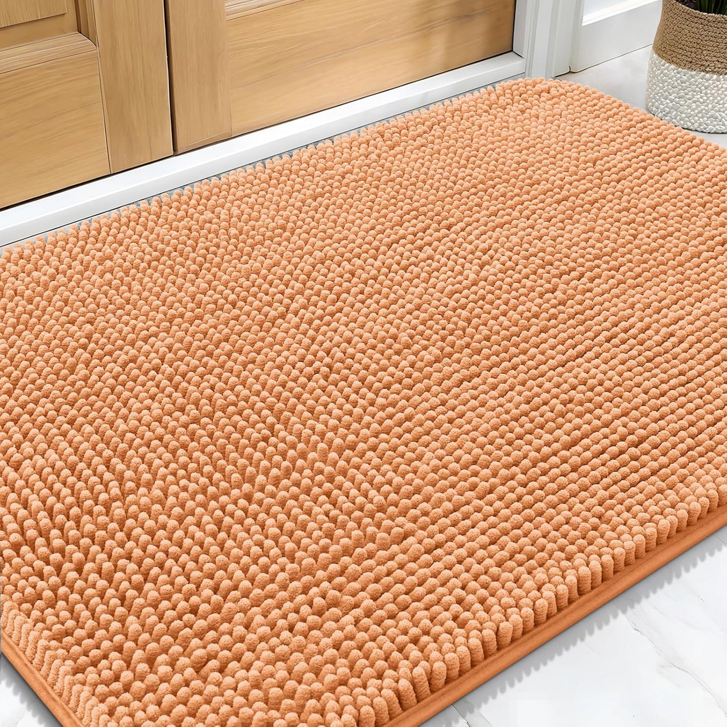 OLANLY Dog Door Mat - Absorbent Non-Slip Chenille Mat for Muddy Paws | 34x21 Inches, Quick Dry, Orange