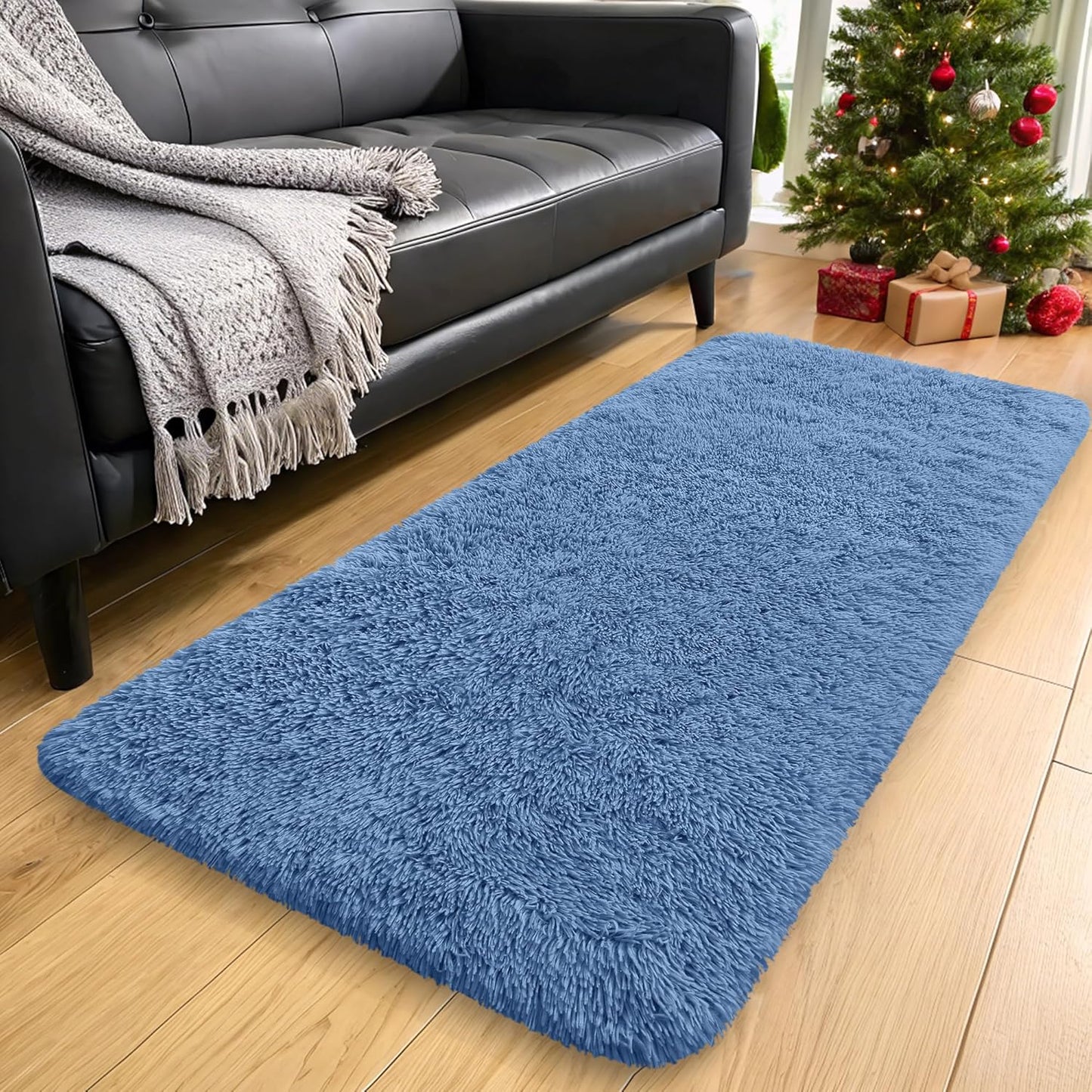 OLANLY Machine Washable Runner Rugs - Soft Fluffy Shaggy Design for Hallway & Bedroom | Blue Indoor Carpet