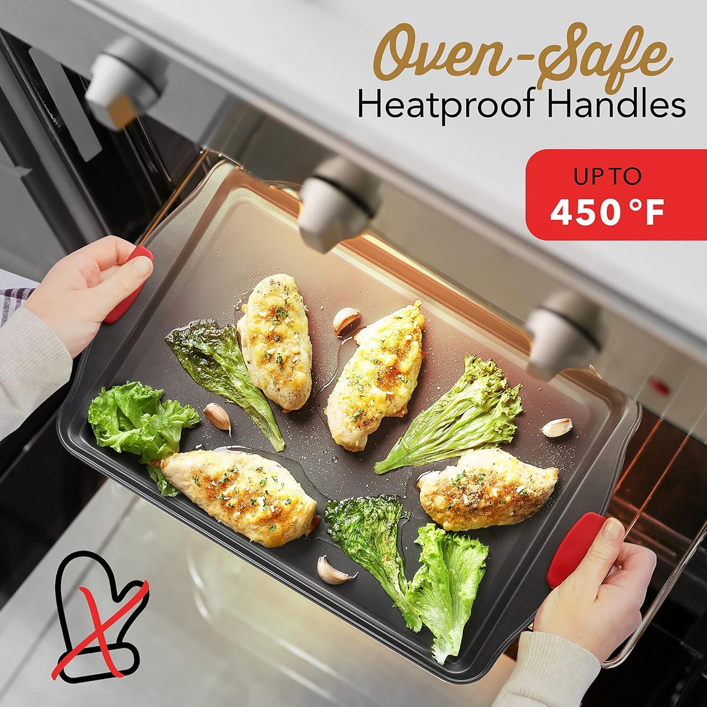 Skiennix Baking Sheet Set - 2-Piece Nonstick Cookie Sheets with Silicone Handles | Durable Steel, BPA Free, Black