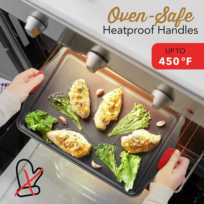 Skiennix Baking Sheet Set - 2-Piece Nonstick Cookie Sheets with Silicone Handles | Durable Steel, BPA Free, Black