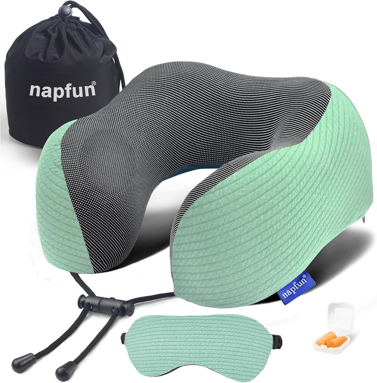 Napfun Neck Pillow - Memory Foam Travel Pillow with Pouch, Sleep Mask & Earplugs | Turquoise Striped Kit