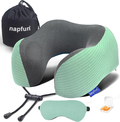 Napfun Neck Pillow - Memory Foam Travel Pillow with Pouch, Sleep Mask & Earplugs | Turquoise Striped Kit