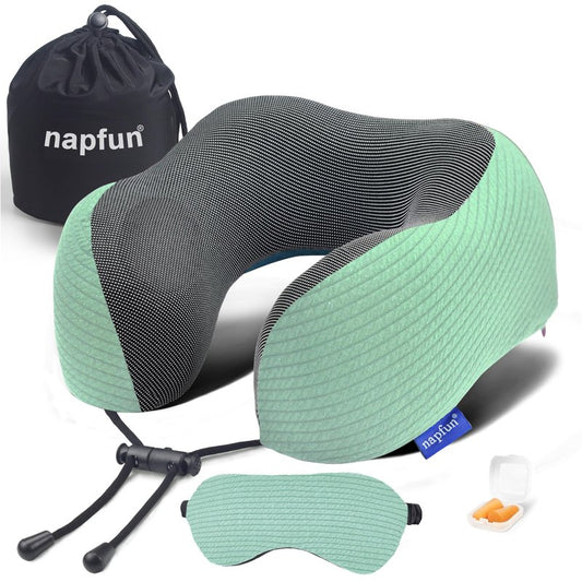 napfun Neck Pillow for Travel with Travel Pouch, Sleep Mask & Earplugs, Memory Foam Airplane Pillow for Headrest Sleep with Eyeshades, Plane Essentials with Eye Blindfold, Turquoise Striped Kit