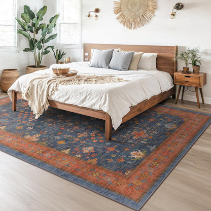 Skiennix Navy Blue Area Rug - Washable Low Pile Non-Slip Design | Vintage Boho 9x12 for Living Room & Dining Room