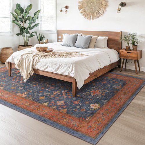 Hazo Haus 6x9 Dining Room Rug - Washable Low Pile Non-Slip Area Rug in Navy Blue & Terracotta