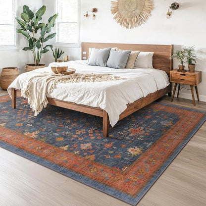 Hazo Haus 6x9 Dining Room Rug - Washable Low Pile Non-Slip Area Rug in Navy Blue & Terracotta