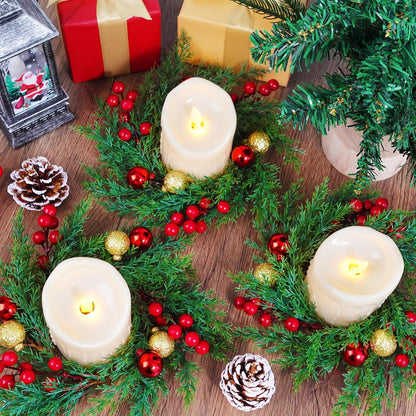 Regine Switzerland Christmas Candle Rings - 6 Pcs Mini Wreaths with Xmas Balls & Red Berries for Holiday Decor
