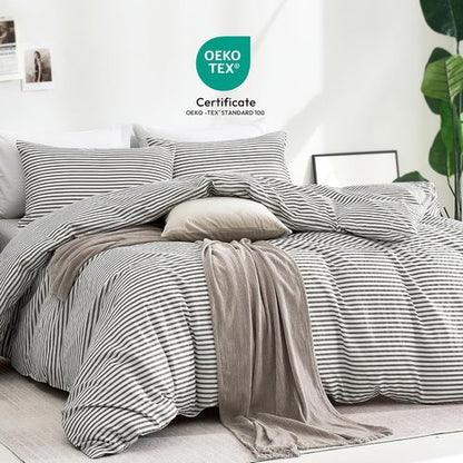 JELLYMONI 100% Natural Cotton Striped Duvet Cover Set - White & Grey | Queen Size, Zipper Closure & Corner Ties