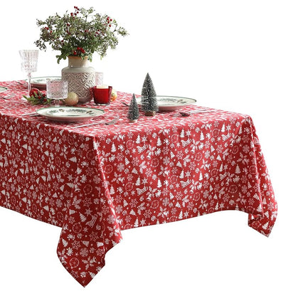 Red 52 x 70 Inch Cotton Blend Tablecloth with Bell & Snowflake Pattern - Holiday Decor