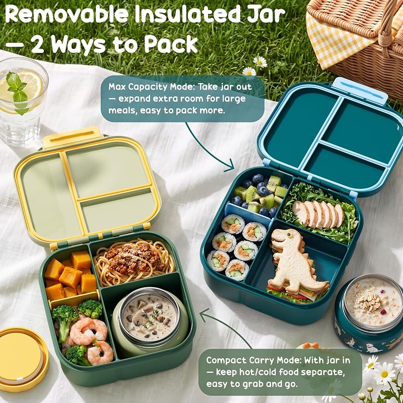 Fimibuke Kids Bento Lunch Box Set with Insulated Bottle, Bag & Utensils - Dinosaur Variation