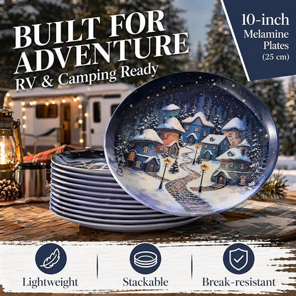 Snowhouse 10-Inch Christmas Plates Set of 12 – Melamine Dinnerware, Outdoor Friendly