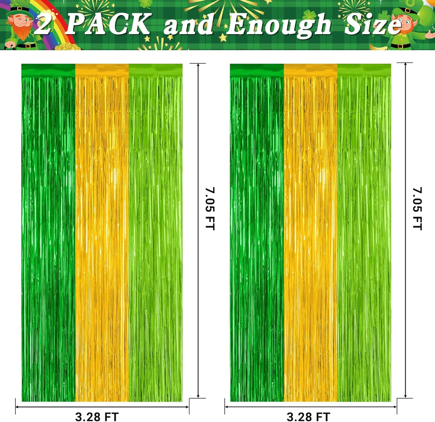 St. Patrick's Day Party Decorations - 2 Pack Green & Gold Backdrop Curtains | 3.28 FT x 7.05 FT Metallic Fringe