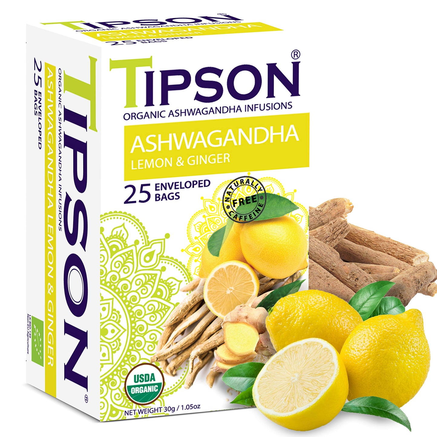 Tipson Organic Ashwagandha Infusions - Lemon Ginger - Non GMO, Caffeine Free & Gluten Free - 25 Premium Tea Bags (Pack of 1)