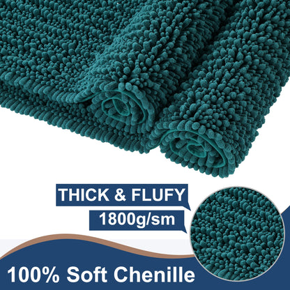 FLOLEOPA Luxury Chenille Teal Green Bathroom Rugs Bath Mats Sets, Extra Soft and Absorbent Bathroom Rugs Non Skid Machine Wash Dry Bath Mats（32"x20" Plus 17"x24"）