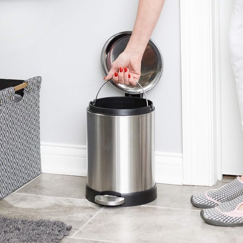 Glad Small Trash Can - 1.2 Gallon Round Stainless Steel Garbage Bin with Soft Close Lid & Step Pedal | 8 x 9.5 x 12 Inches