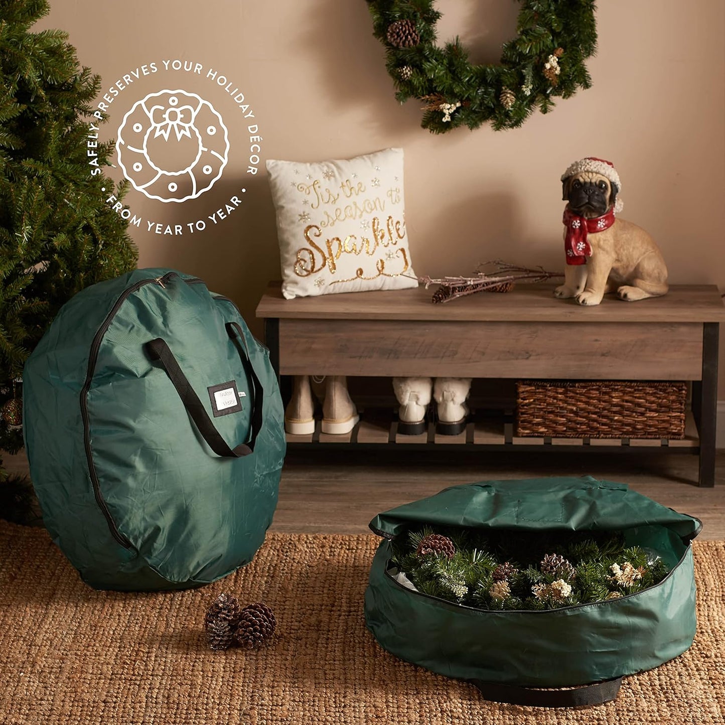 ZOBER Oxford Wreath Storage Container - 24 Inch Waterproof Bag for Artificial Wreaths - Durable Dual Zippered Design, Green