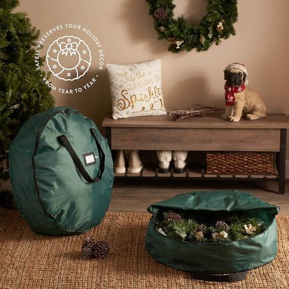 ZOBER Oxford Wreath Storage Container - 24 Inch Waterproof Bag for Artificial Wreaths - Durable Dual Zippered Design, Green