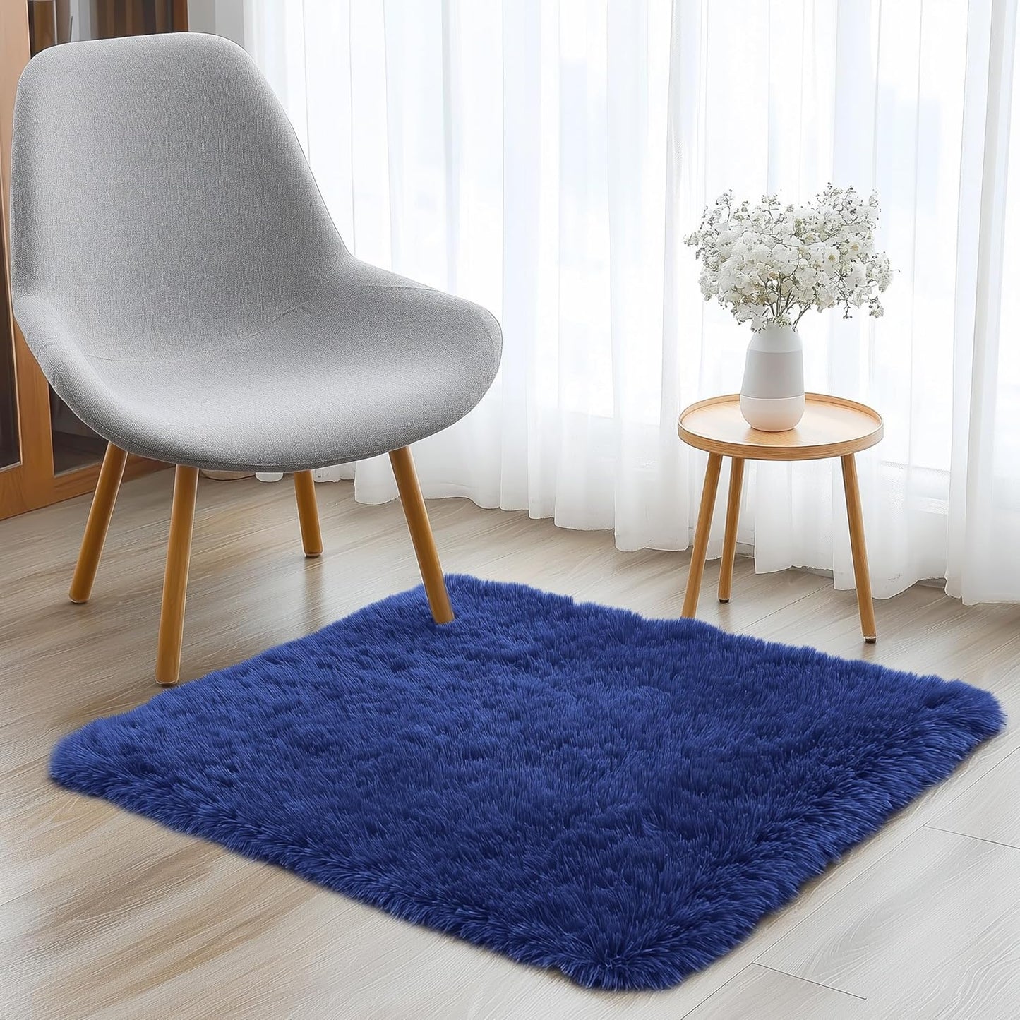 OLANLY Small Bedside Rug - Soft Fluffy Shaggy Throw Rug for Bedroom & Entryway | Navy Blue 2x3 ft