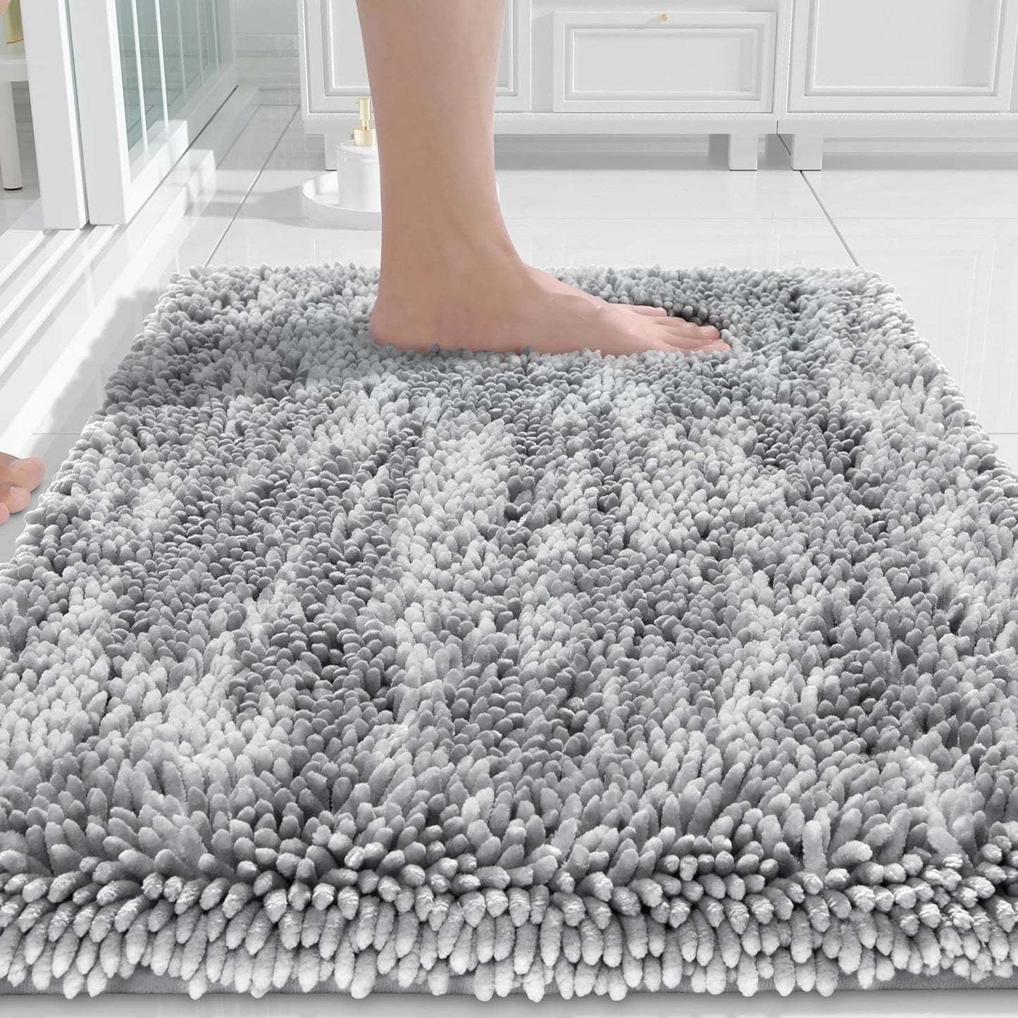 Yimobra Chenille Bathroom Rug - Non-Slip, Extra Thick & Soft | Machine Washable, 24x17, Light Grey