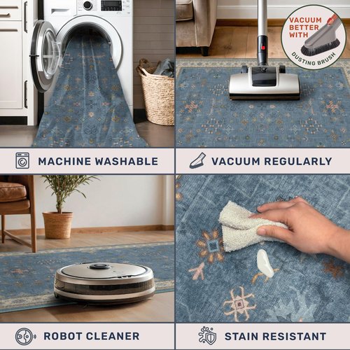 Hazo Haus Boho 2x5 Kitchen Rugs Non Slip - Washable Blue Runner Rug for Bedroom Beside Bed, Laundry Room, Hallway, Non Slip with Rubber Backing, Floral Eclectic Unique Runner Décor