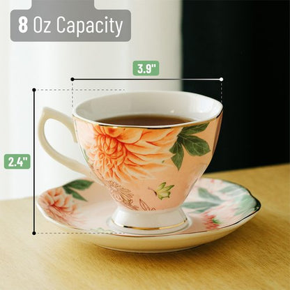 BTaT- Tea Cups and Saucers Set of 6, Tea Set, Floral Tea Cups (8oz), Porcelain Tea Cups for Tea Party, Rose Teacups, China Tea Cups, Tea Cup and Saucer Set, Porcelain Tea Set, (Bone China)