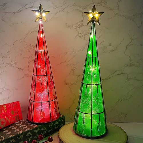 Juegoal Lighted Christmas Table Decorations - Battery Operated LED Cone Shaped Ornaments | 2 Pack, Green & Red