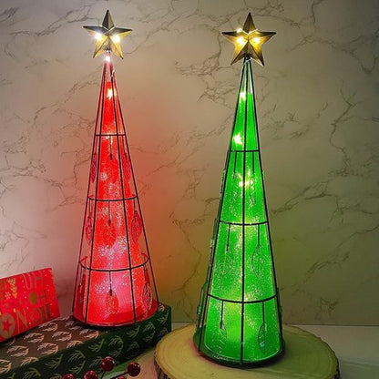 Juegoal Lighted Christmas Table Decorations - Battery Operated LED Cone Shaped Ornaments | 2 Pack, Green & Red