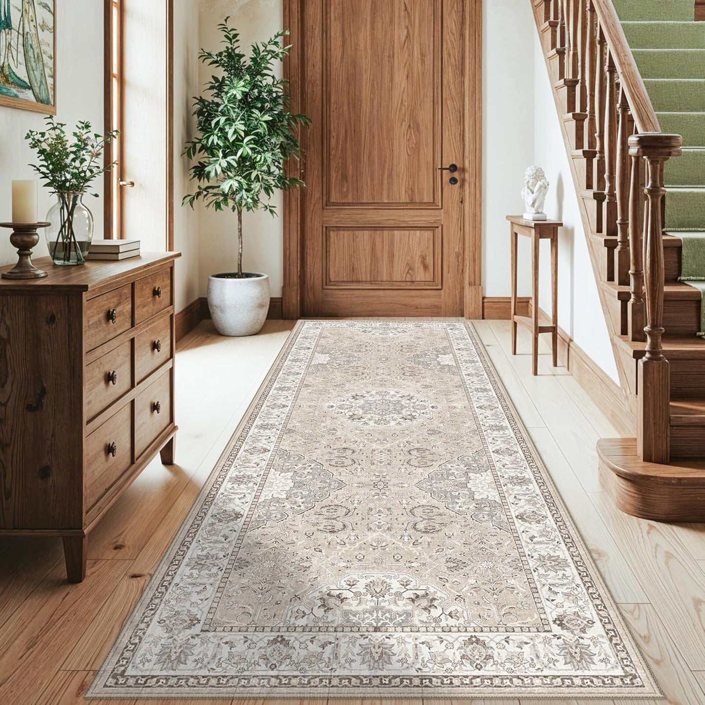 Skiennix Washable 3x8 Kitchen Runner Rug - Stain Resistant Low-Pile Vintage Soft Mat | Beige