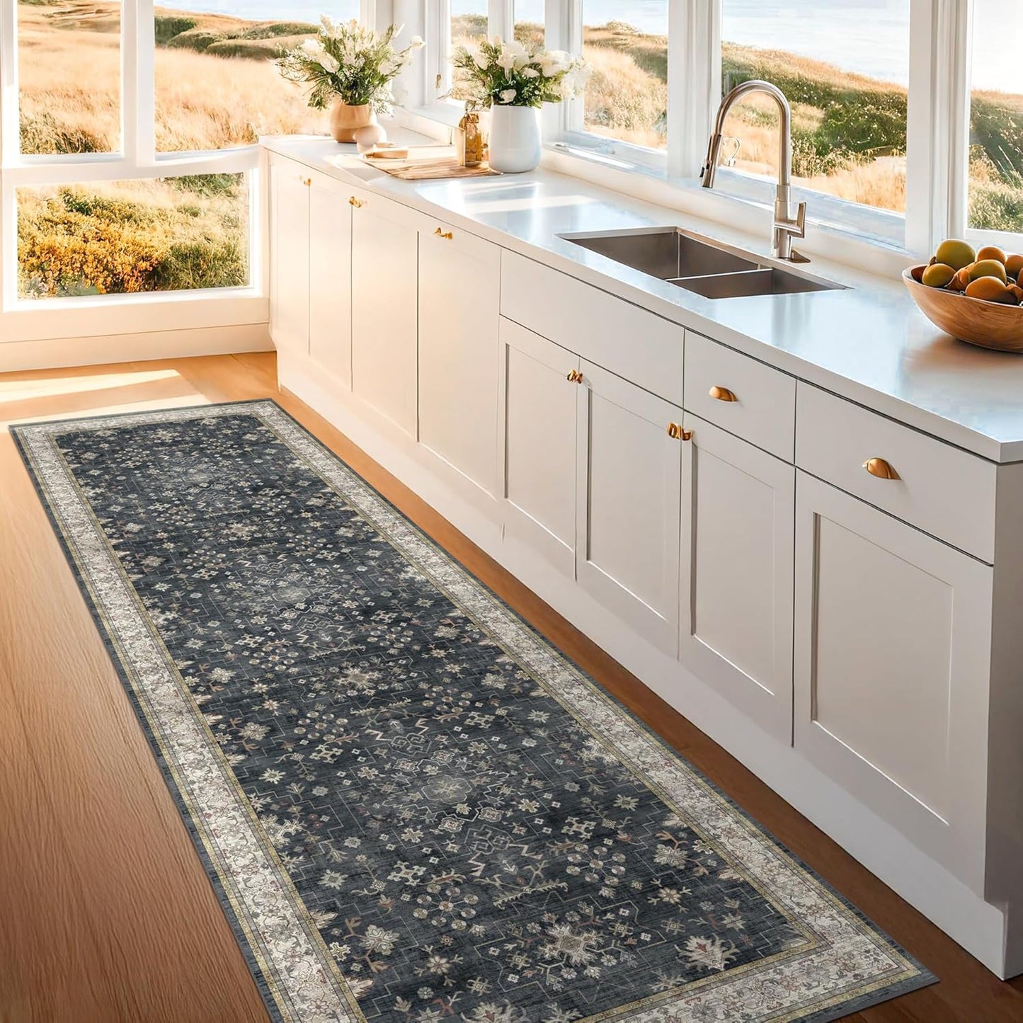 Skiennix Black Washable 8ft Long Runner Rug - Non-Slip Boho Vintage Design for High Traffic Areas