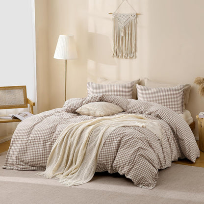 TOCOMOA Tan Gingham Duvet Cover Set - 100% Washed Cotton, Super Soft & Comfy | Queen Size (90"x90")